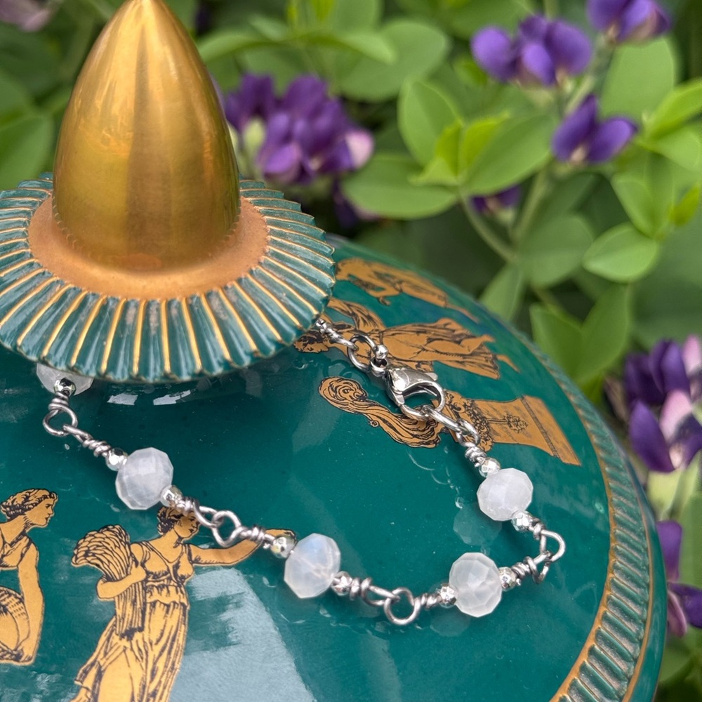 Delicate White Faceted Bead Bracelet - Silver Chain